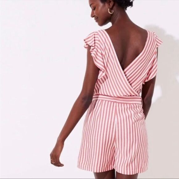 LOFT Size 2 Red & White Striped Ruffle Sleeve Belted Romper - Picture 2 of 12